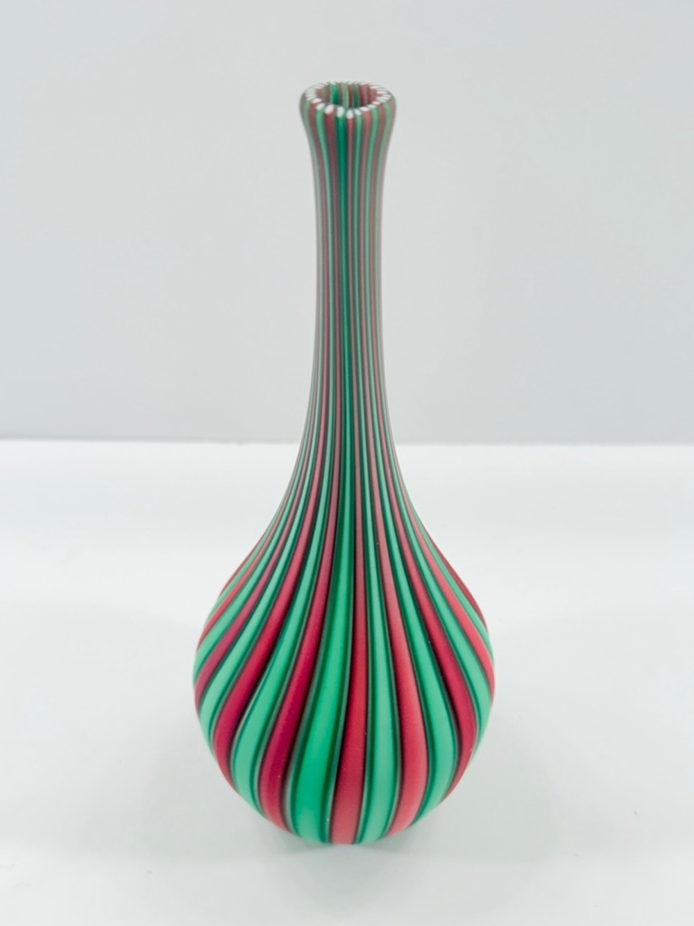 Vintage Murano Venini A Canne Glass Vase Green Red Mid Century Art Italy 9.5”